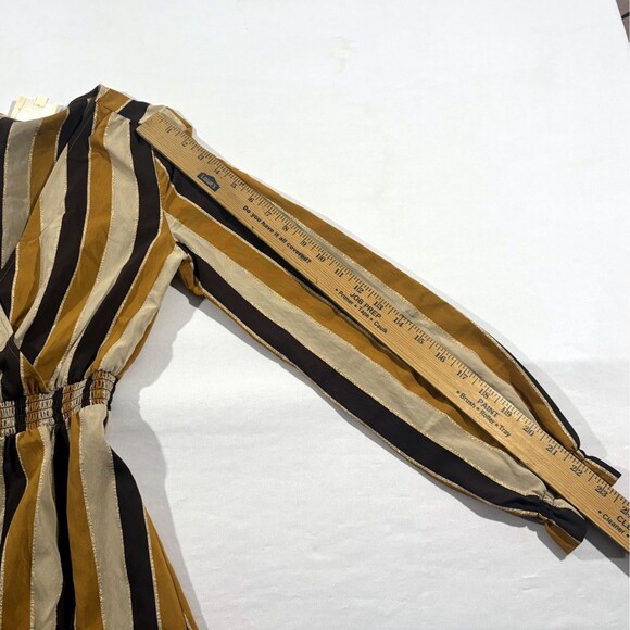 Sezane Titiane 3/4 Sleeve Striped V Neck Midi Dress in Hazel Tan Stripe 34 US 2 - Picture 9 of 13